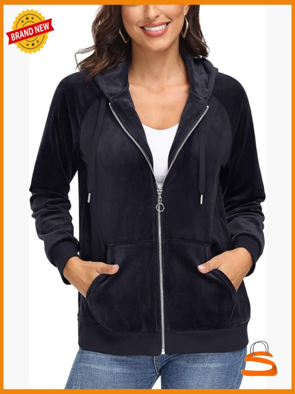 Velour Hooded Full Zip Fleece Jacket Long Sleeve Cozy Side Pockets